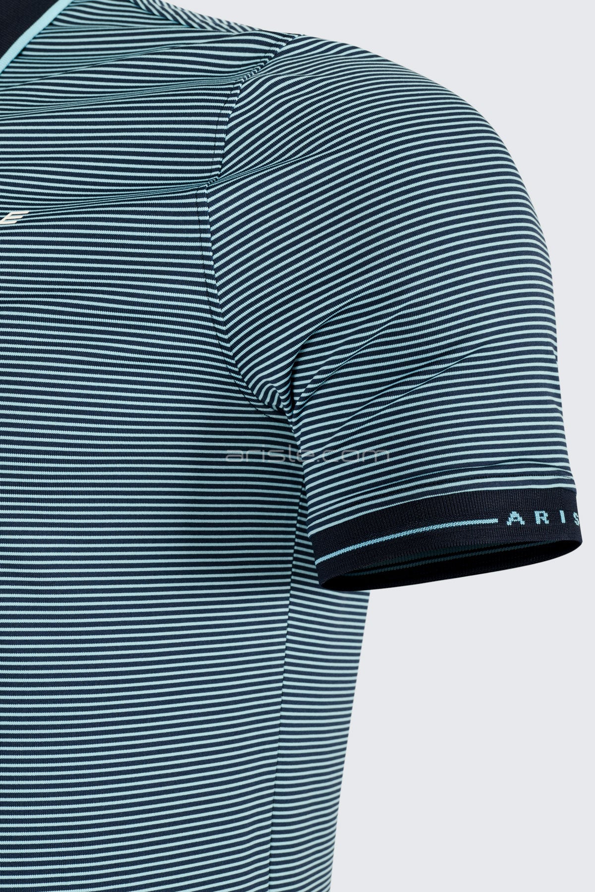 ARISLE Gold Zip Navy Stripe Golf Polo